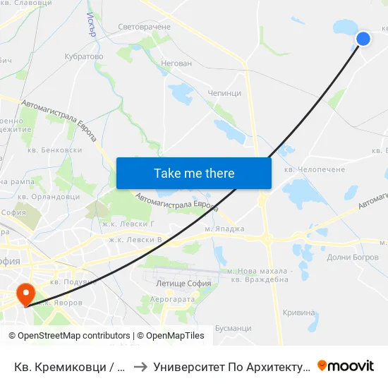 Кв. Кремиковци / Kremikovtsi Qr. (0855) to Университет По Архитектура, Строителство И Геодезия map