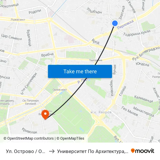 Ул. Острово / Ostrovo St. (2100) to Университет По Архитектура, Строителство И Геодезия map