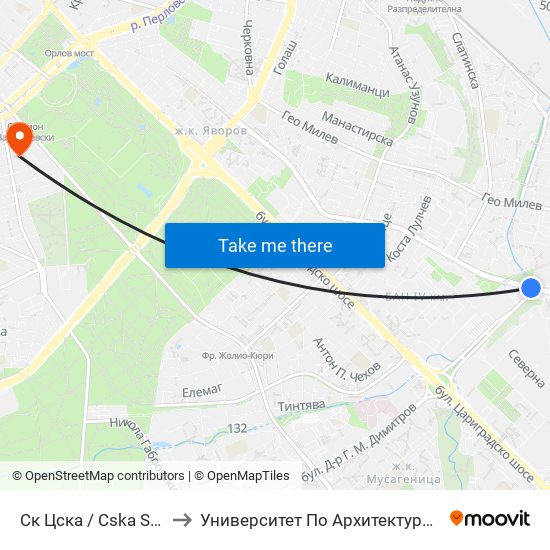 Ск Цска / Cska Sports Club (1154) to Университет По Архитектура, Строителство И Геодезия map