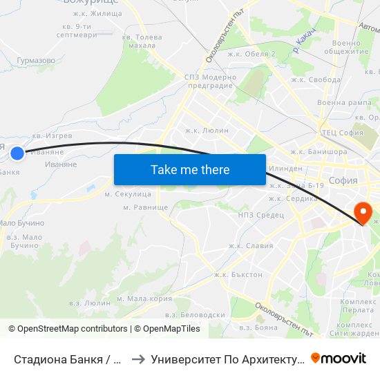 Стадиона Банкя / Bankya Stadium (1619) to Университет По Архитектура, Строителство И Геодезия map