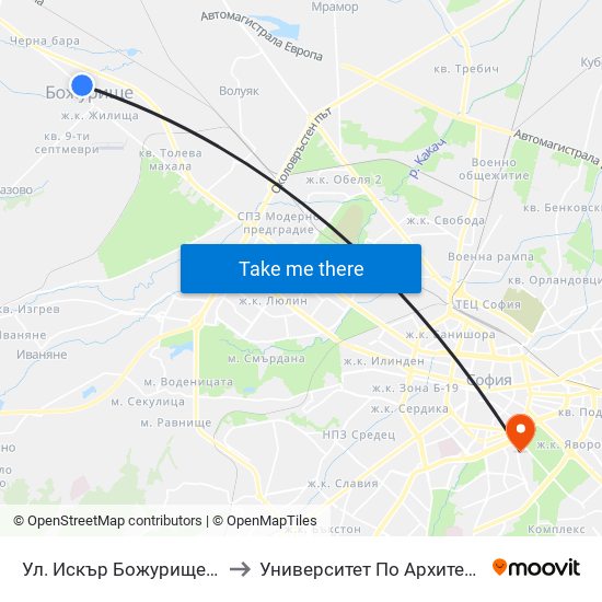 Ул. Искър Божурище / Iskar St. Bozhurishte(2602) to Университет По Архитектура, Строителство И Геодезия map