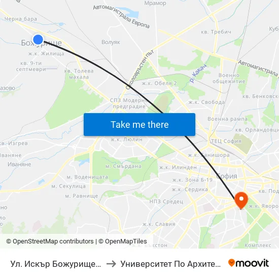 Ул. Искър Божурище / Iskar St. Bozhurishte(2602) to Университет По Архитектура, Строителство И Геодезия map