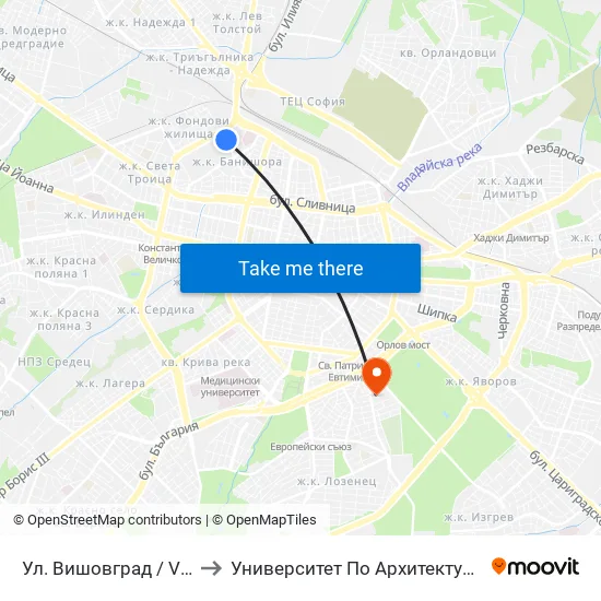 Ул. Вишовград / Vishovgrad St. (1881) to Университет По Архитектура, Строителство И Геодезия map