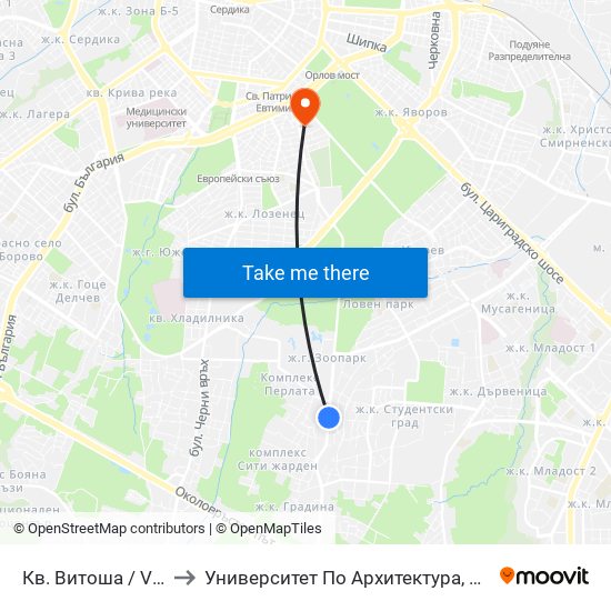 Кв. Витоша / Vitosha (0822) to Университет По Архитектура, Строителство И Геодезия map