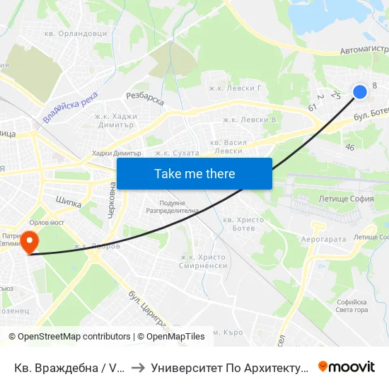Кв. Враждебна / Vrazhdebna Qr. (0823) to Университет По Архитектура, Строителство И Геодезия map
