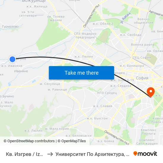 Кв. Изгрев / Izgrev Qr. (0845) to Университет По Архитектура, Строителство И Геодезия map