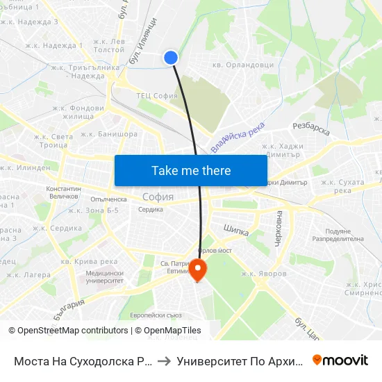 Моста На Суходолска Река / Suhodolska River Bridge (1506) to Университет По Архитектура, Строителство И Геодезия map
