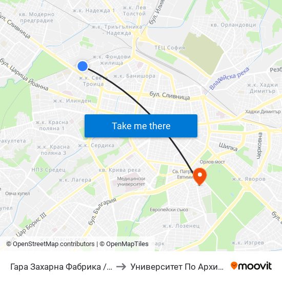 Гара Захарна Фабрика / Zaharna Fabrika Train Station (0451) to Университет По Архитектура, Строителство И Геодезия map
