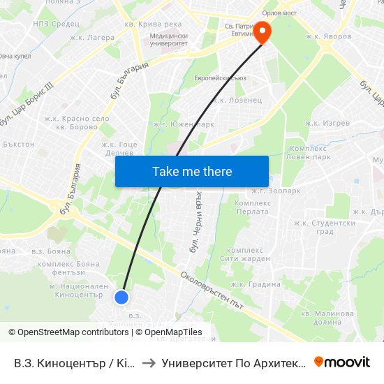 В.З. Киноцентър / Kinotsentar Villa Zone (0412) to Университет По Архитектура, Строителство И Геодезия map