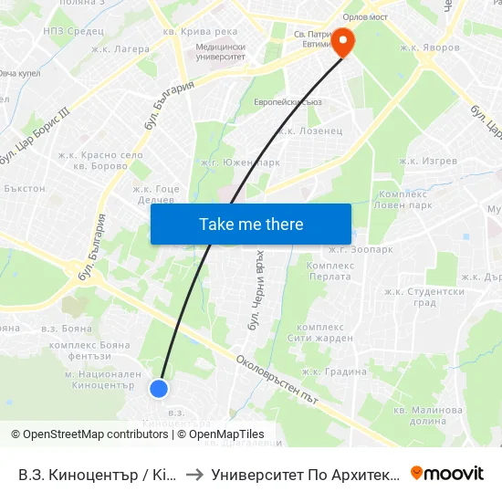 В.З. Киноцентър / Kinotsentar Villa Zone (0412) to Университет По Архитектура, Строителство И Геодезия map