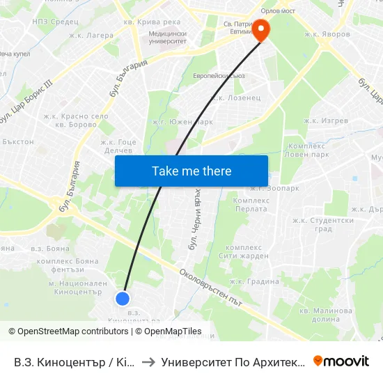 В.З. Киноцентър / Kinotsentar Villa Zone (0413) to Университет По Архитектура, Строителство И Геодезия map