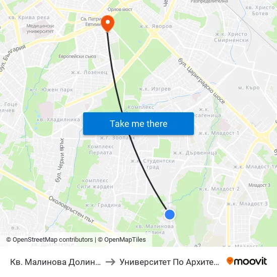 Кв. Малинова Долина / Malinova Dolina Qr. (0426) to Университет По Архитектура, Строителство И Геодезия map