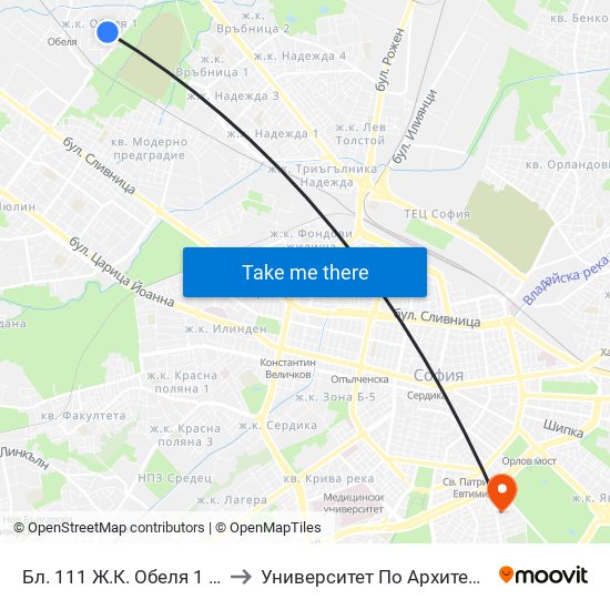 Бл. 111 Ж.К. Обеля 1 / Bl. 111, Obelya 1 Qr. (0132) to Университет По Архитектура, Строителство И Геодезия map