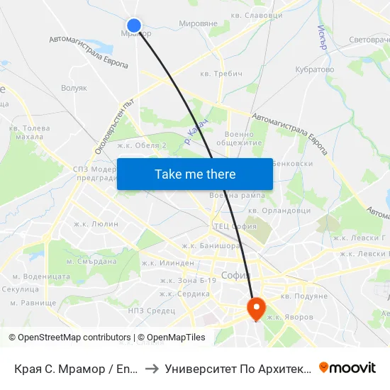 Края С. Мрамор / End Of Mramor Village (0439) to Университет По Архитектура, Строителство И Геодезия map
