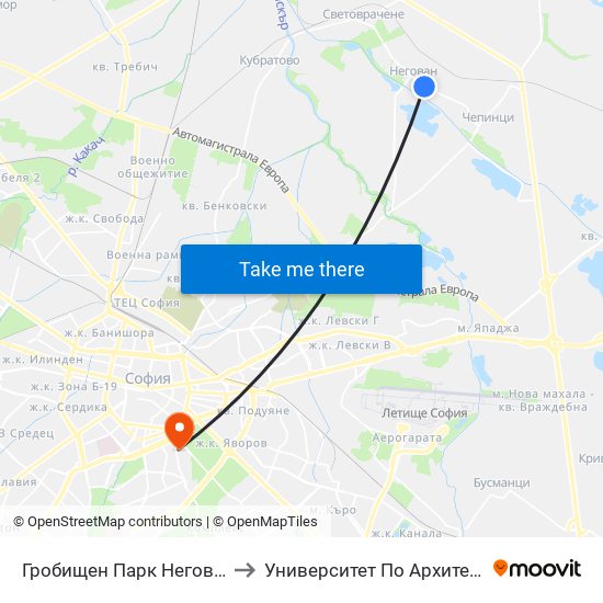 Гробищен Парк Негован / Negovan Cemetery (0508) to Университет По Архитектура, Строителство И Геодезия map