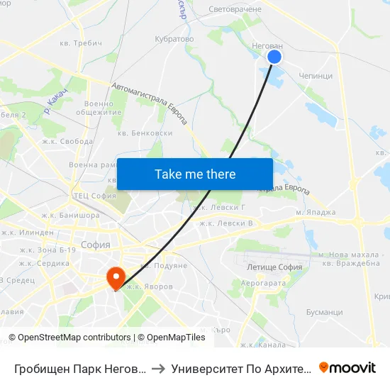 Гробищен Парк Негован / Negovan Cemetery (0507) to Университет По Архитектура, Строителство И Геодезия map