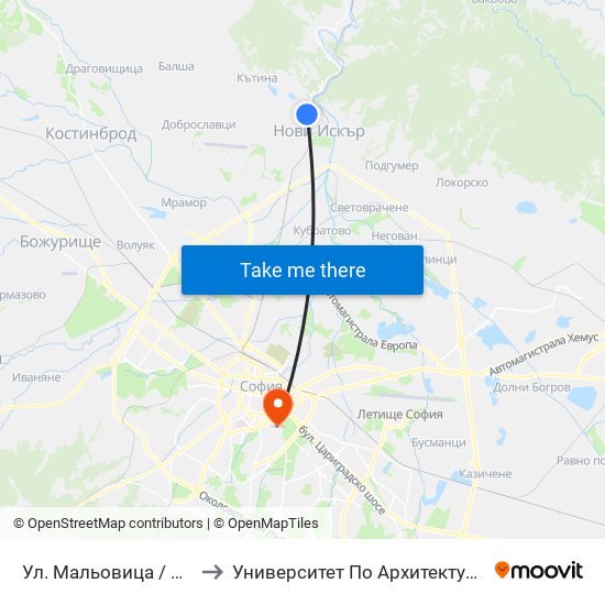 Ул. Мальовица / Malyovitsa St. (2538) to Университет По Архитектура, Строителство И Геодезия map