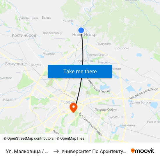 👋 Ул. Мальовица / Malyovitsa St. (2538) to Университет По Архитектура, Строителство И Геодезия map