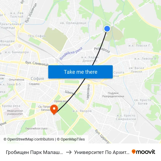 Гробищен Парк Малашевци / Malashevtsi Cemetery (1147) to Университет По Архитектура, Строителство И Геодезия map