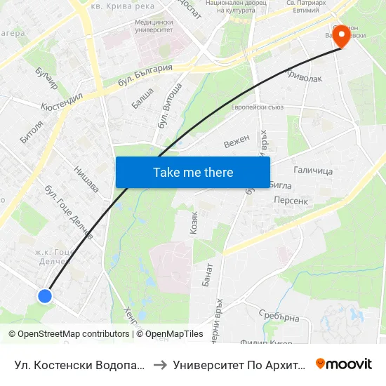 Ул. Костенски Водопад / Kostenski Vodopad St. (6277) to Университет По Архитектура, Строителство И Геодезия map