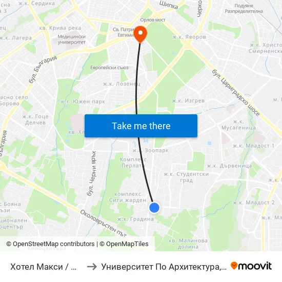 Хотел Макси / Maxi Hotel (2509) to Университет По Архитектура, Строителство И Геодезия map
