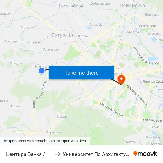 Центъра Банкя / Bankya Centre (0502) to Университет По Архитектура, Строителство И Геодезия map