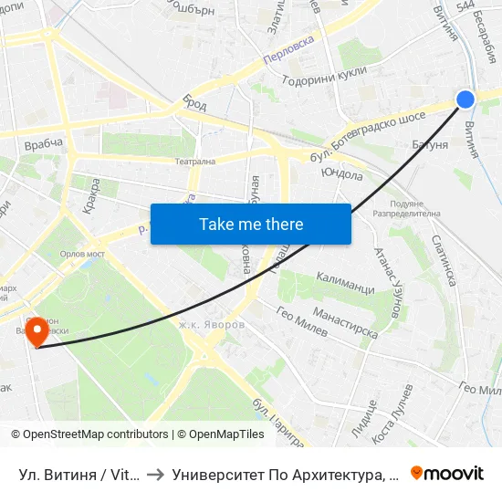 Ул. Витиня / Vitinya St. (1872) to Университет По Архитектура, Строителство И Геодезия map