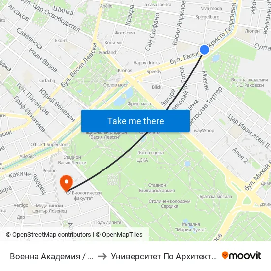Военна Академия / Military Academy (0442) to Университет По Архитектура, Строителство И Геодезия map