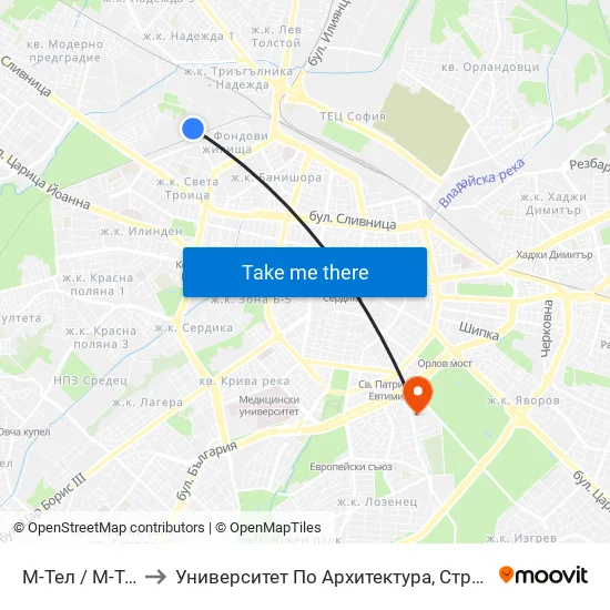 М-Тел / M-Tel (0753) to Университет По Архитектура, Строителство И Геодезия map