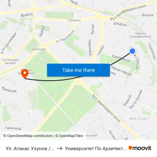 Ул. Атанас Узунов / Atanas Uzunov St. (1829) to Университет По Архитектура, Строителство И Геодезия map