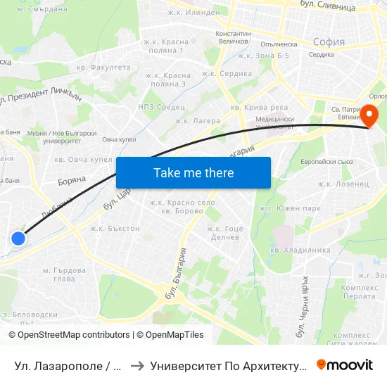 Ул. Лазарополе / Lazaropole St. (1828) to Университет По Архитектура, Строителство И Геодезия map