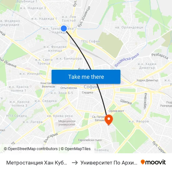 Ⓜ️ Метростанция Хан Кубрат / Khan Kubrat Metro Station (2662) to Университет По Архитектура, Строителство И Геодезия map
