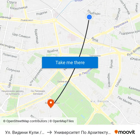 Ул. Видини Кули / Vidini Kuli St. (1868) to Университет По Архитектура, Строителство И Геодезия map