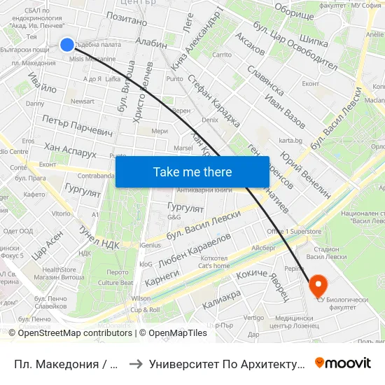 Пл. Македония / Macedonia Sq. (1283) to Университет По Архитектура, Строителство И Геодезия map