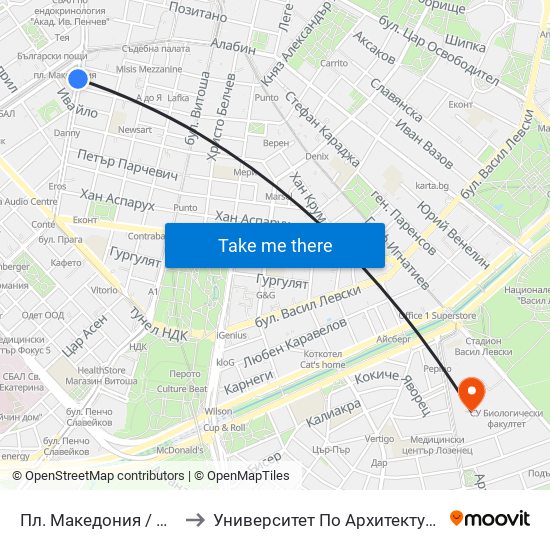 Пл. Македония / Macedonia Sq. (1282) to Университет По Архитектура, Строителство И Геодезия map