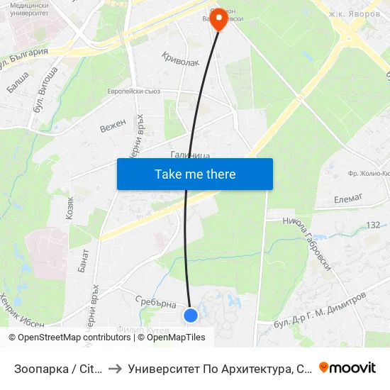 🐘 Зоопарка / City Zoo (0749) to Университет По Архитектура, Строителство И Геодезия map