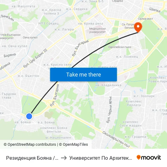 Резиденция Бояна / Boyana Residence (1439) to Университет По Архитектура, Строителство И Геодезия map