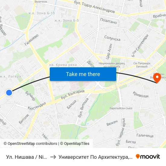 Ул. Нишава / Nishava St. (2110) to Университет По Архитектура, Строителство И Геодезия map