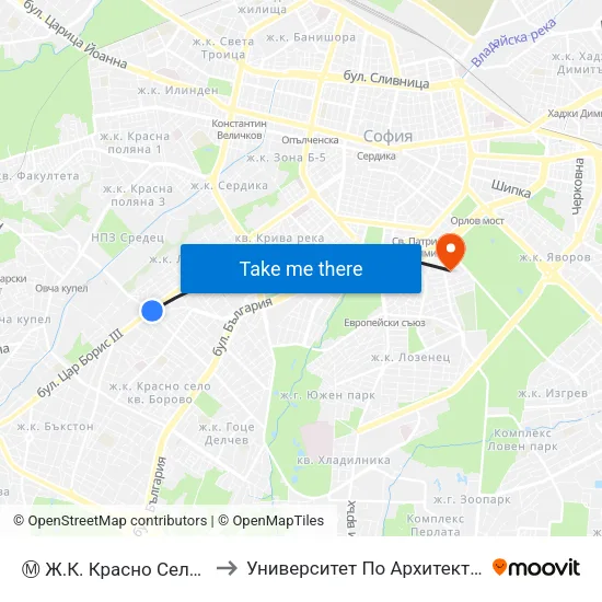 Ⓜ️ Ж.К. Красно Село / Krasno Selo Qr. (0639) to Университет По Архитектура, Строителство И Геодезия map