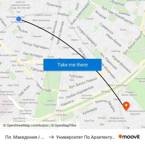 Пл. Македония / Macedonia Sq. (1280) to Университет По Архитектура, Строителство И Геодезия map
