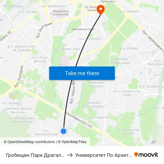 Гробищен Парк Драгалевци / Dragalevtsi Cemetery (6694) to Университет По Архитектура, Строителство И Геодезия map