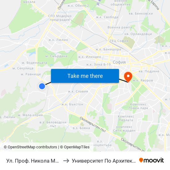 Ул. Проф. Никола Милев / Prof. Nikola Mitev St. to Университет По Архитектура, Строителство И Геодезия map