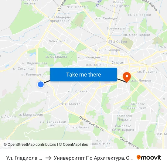 Ул. Гладиола / Gladiola St. to Университет По Архитектура, Строителство И Геодезия map
