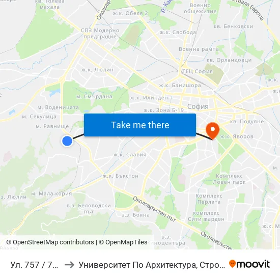 Ул. 757 / 757-Th St. to Университет По Архитектура, Строителство И Геодезия map