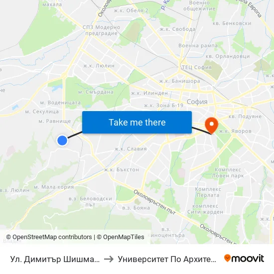 Ул. Димитър Шишманов / Dimitar Shishmanov St. to Университет По Архитектура, Строителство И Геодезия map