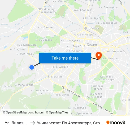 Ул. Лилия / Liliya St. to Университет По Архитектура, Строителство И Геодезия map