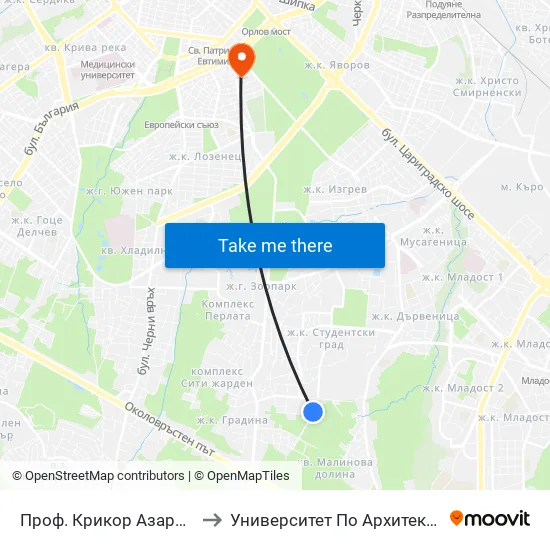 Проф. Крикор Азарян / Prof. Krikor Azaryan St. to Университет По Архитектура, Строителство И Геодезия map