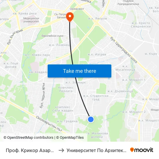 Проф. Крикор Азарян / Prof. Krikor Azaryan St. to Университет По Архитектура, Строителство И Геодезия map