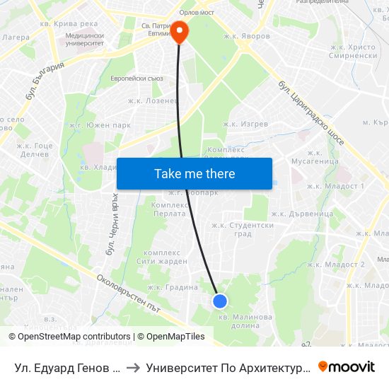 Ул. Едуард Генов / Edward Genov St. to Университет По Архитектура, Строителство И Геодезия map