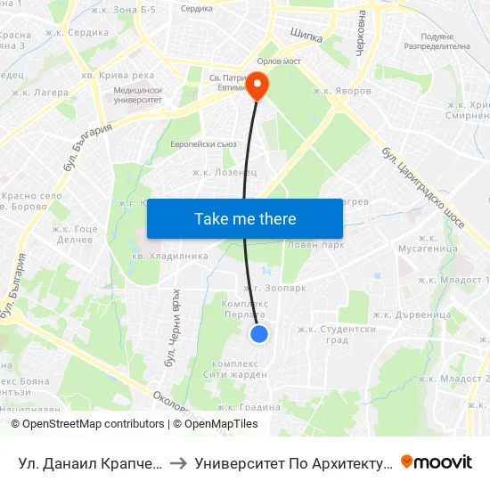 Ул. Данаил Крапчев / Danail Krapchev St. to Университет По Архитектура, Строителство И Геодезия map
